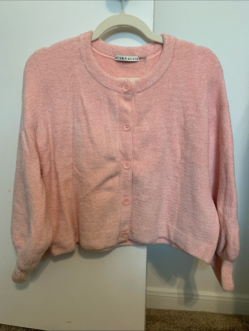 Alice + Olivia Pastel Pink Plush Button-Up Cardigan